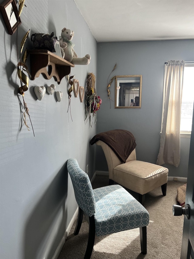 living area featuring carpet floors and baseboards