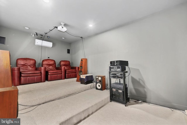 cinema room featuring carpet floors, recessed lighting, and a wall mounted air conditioner