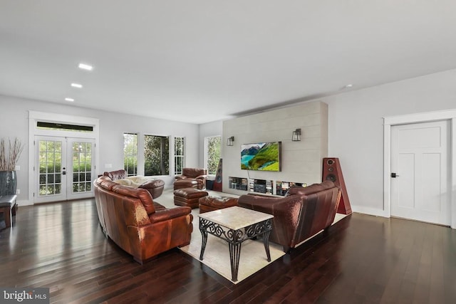 living area with french doors, dark wood finished floors, and baseboards