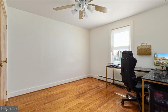 office space with baseboards, light wood finished floors, ceiling fan, and baseboard heating
