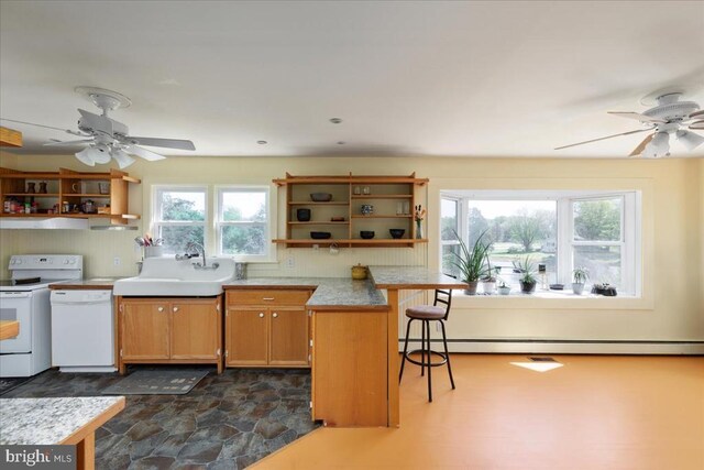 kitchen with white appliances, a ceiling fan, open shelves, and a sink