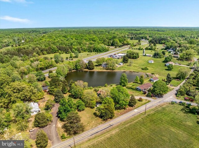 aerial view with a water view and a view of trees