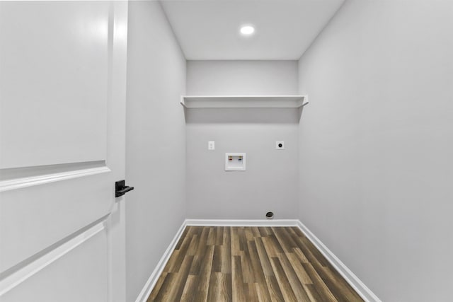 washroom featuring electric dryer hookup, washer hookup, and dark wood-type flooring