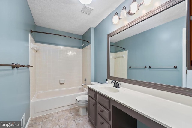 bathroom featuring vanity, visible vents, a textured ceiling, shower / tub combination, and toilet