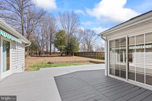 wooden terrace with a fenced backyard