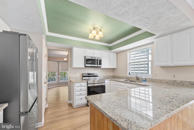 kitchen with an inviting chandelier, stainless steel appliances, light wood-style floors, white cabinetry, and a raised ceiling