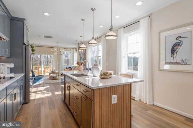 kitchen with appliances with stainless steel finishes, decorative light fixtures, sink, and a center island with sink