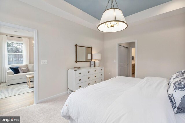 carpeted bedroom featuring a tray ceiling