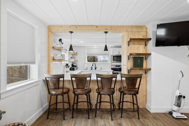 kitchen featuring a wealth of natural light, appliances with stainless steel finishes, a peninsula, and open shelves