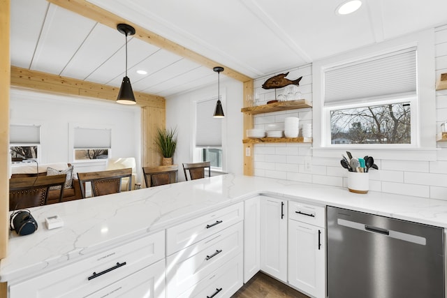 kitchen with stainless steel dishwasher, beamed ceiling, light stone countertops, and backsplash
