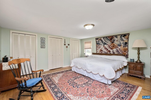 bedroom with multiple closets and wood-type flooring