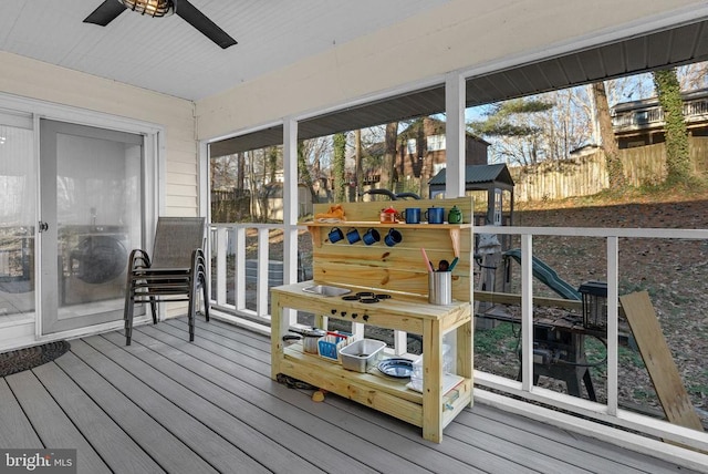 sunroom / solarium with ceiling fan