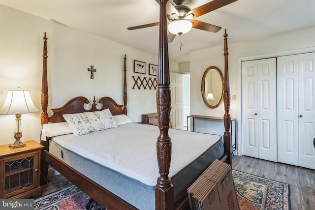 bedroom with ceiling fan, a closet, and wood finished floors