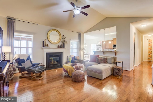 living area with plenty of natural light, a ceiling fan, and hardwood / wood-style flooring