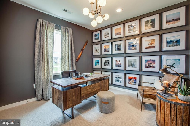 carpeted home office with visible vents, a notable chandelier, and baseboards