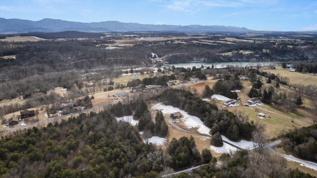 drone / aerial view with a water and mountain view