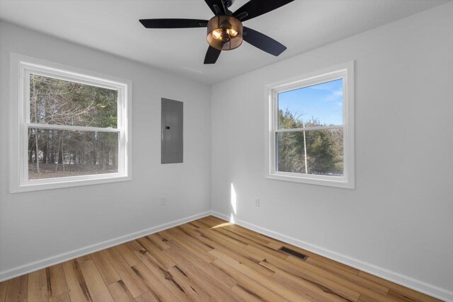 empty room featuring ceiling fan, electric panel, and light hardwood / wood-style floors