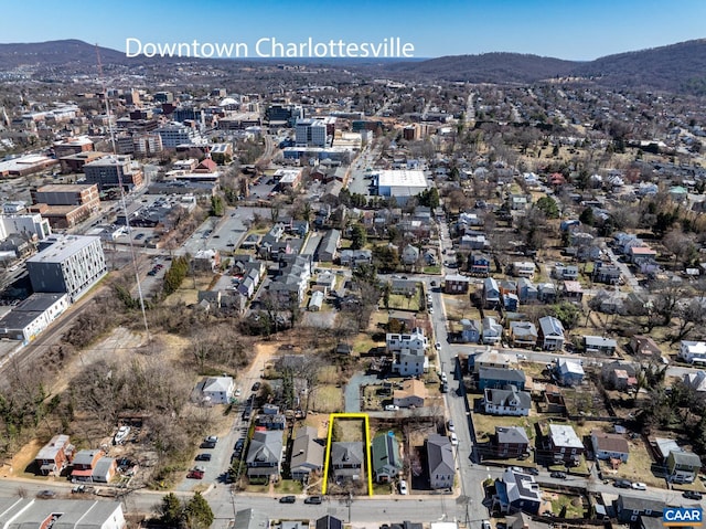 drone / aerial view featuring a mountain view