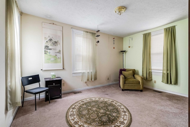 sitting room with a textured ceiling, carpet flooring, visible vents, and baseboards