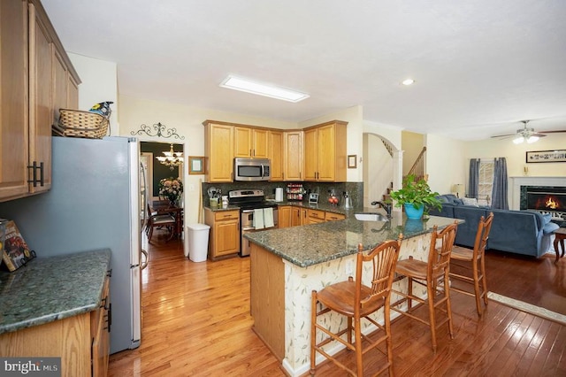 kitchen featuring a peninsula, light wood finished floors, appliances with stainless steel finishes, and open floor plan