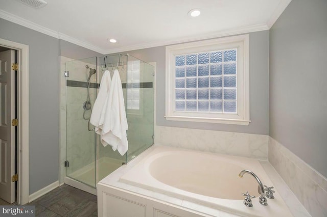 bathroom with a bath, recessed lighting, visible vents, and a stall shower