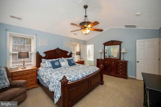 bedroom with light carpet, multiple windows, and visible vents
