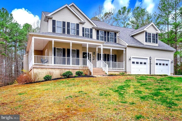 view of front facade featuring covered porch, a front yard, roof with shingles, and a garage