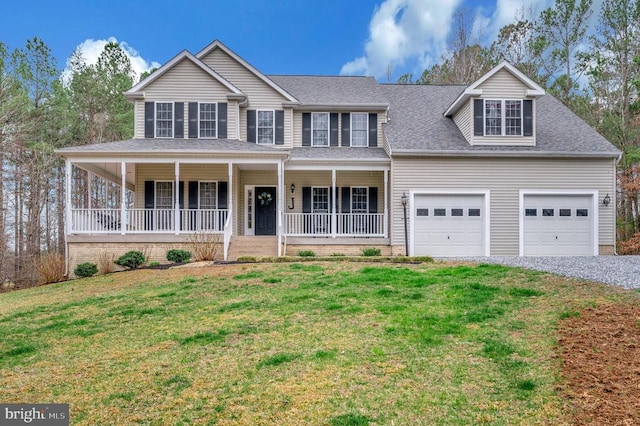 colonial home with a front lawn, a porch, a garage, gravel driveway, and roof with shingles