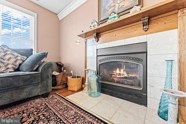 details featuring a tiled fireplace and crown molding