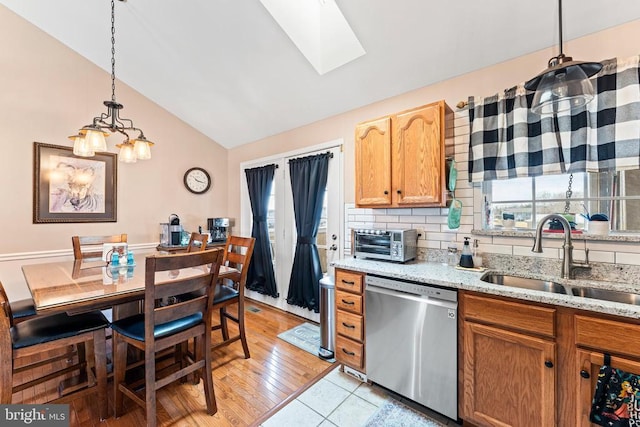 kitchen with sink, dishwasher, backsplash, lofted ceiling with skylight, and decorative light fixtures