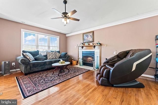 living room featuring crown molding, wood-type flooring, a tile fireplace, and ceiling fan