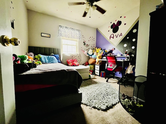 bedroom with ceiling fan and carpet flooring