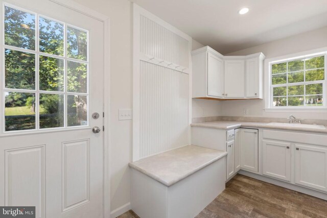 kitchen with dark hardwood / wood-style flooring, sink, and white cabinets