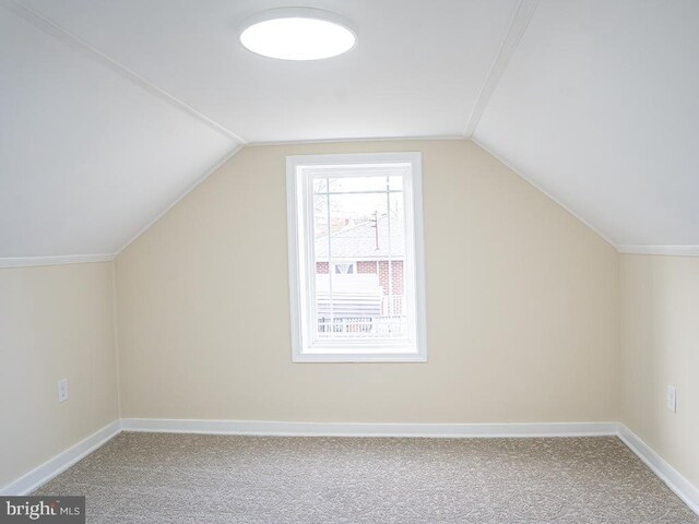 bonus room featuring lofted ceiling and carpet flooring