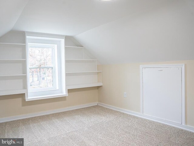 additional living space with vaulted ceiling and carpet floors