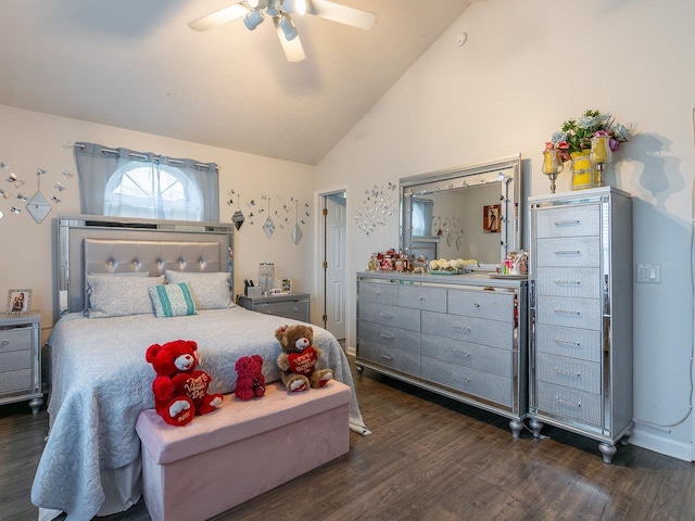 bedroom featuring vaulted ceiling, dark wood-type flooring, and ceiling fan