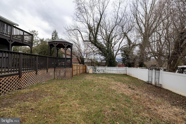 view of yard featuring a fenced backyard and a wooden deck