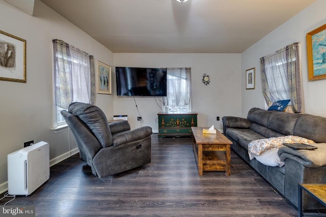 living room with baseboards and wood finished floors