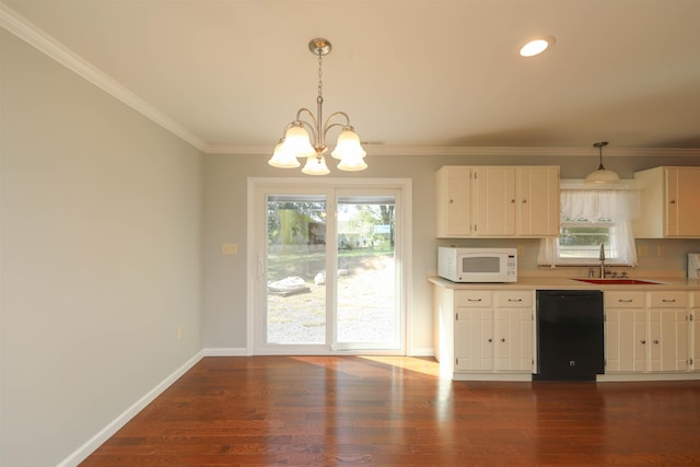 kitchen featuring white microwave, a sink, ornamental molding, dishwasher, and dark wood finished floors