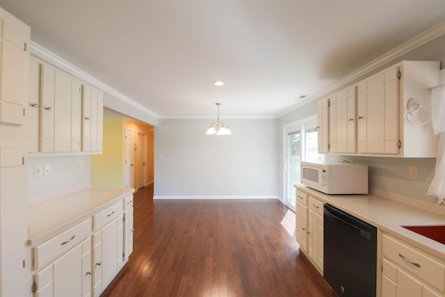 kitchen with white microwave, black dishwasher, light countertops, and dark wood-style flooring