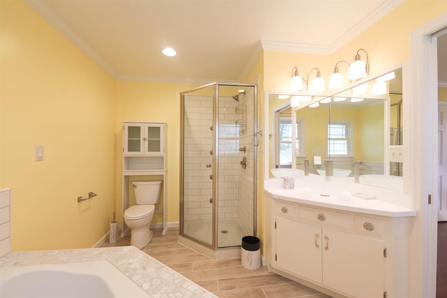 bathroom featuring a stall shower, wood finish floors, crown molding, and toilet