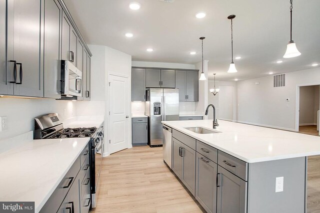 kitchen featuring sink, decorative light fixtures, a center island with sink, appliances with stainless steel finishes, and gray cabinets