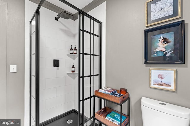 bathroom featuring a stall shower and toilet