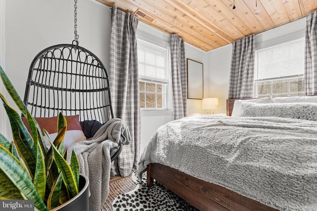 bedroom with lofted ceiling, wooden ceiling, and visible vents