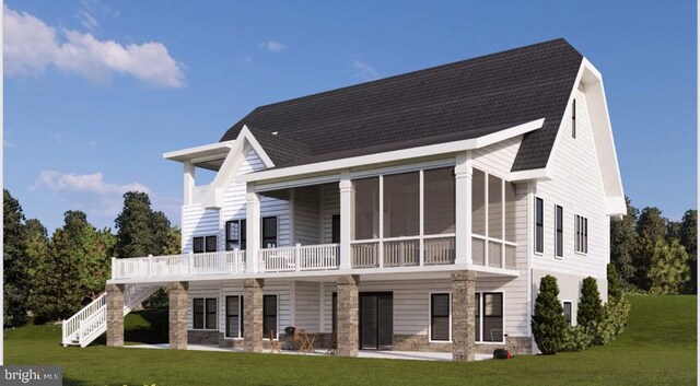 back of property with a sunroom and a lawn