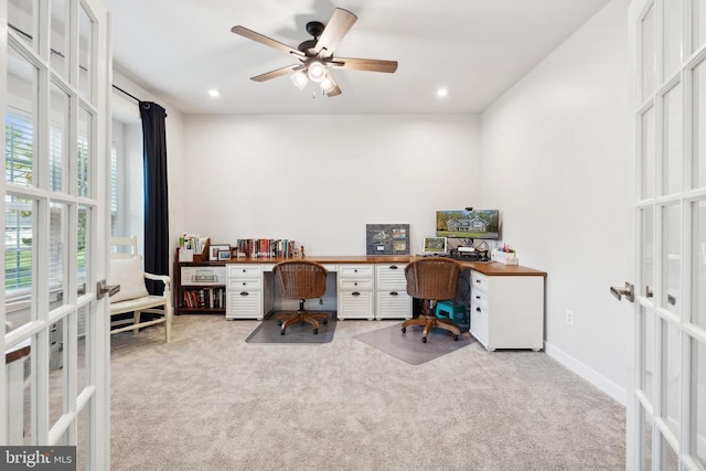 office with recessed lighting, french doors, and carpet floors