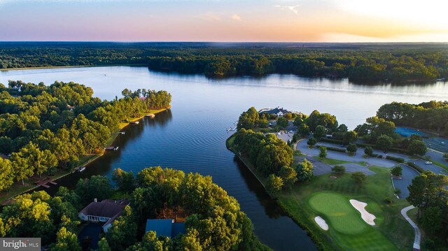 aerial view at dusk featuring a water view and a wooded view