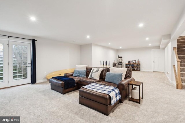 living area featuring recessed lighting, stairway, carpet floors, and baseboards