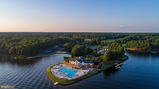 bird's eye view with a view of trees and a water view