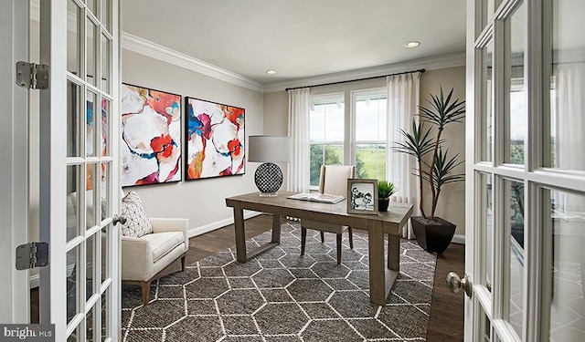 office area with crown molding, dark hardwood / wood-style flooring, and french doors